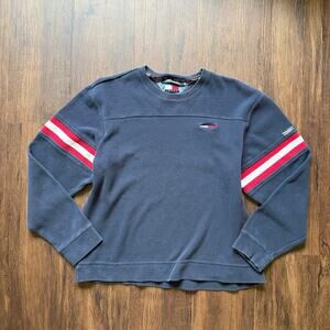 Tommy Hilfiger Navy Sweatshirt Stripe Sleeve Logo 2002 Men’s Sz L